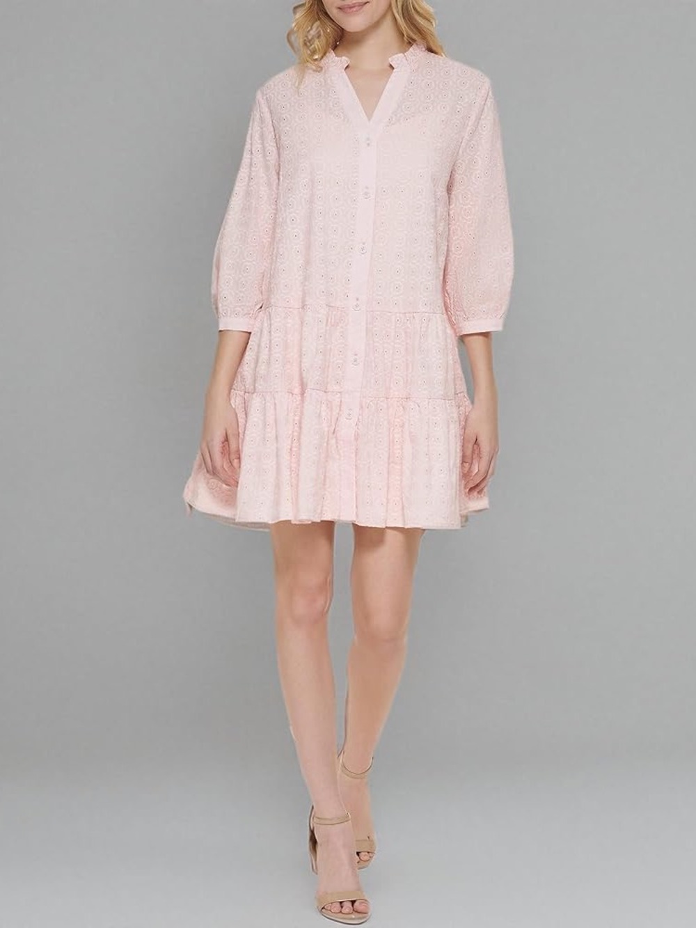 Tommy Hilfiger Casual Eyelet Lace Babydoll Day Mini Dress, Seashell Pink – 12